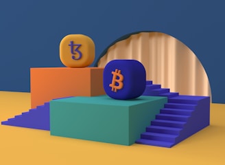 Two platform structures with stairs are positioned side by side. One platform is orange with an orange and purple 'Tezos' symbol on top, while the other is green with a blue and orange 'Bitcoin' symbol. The platforms are set on a blue and mustard yellow background, and there is a large circular arch in the backdrop.