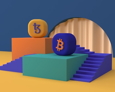 Two platform structures with stairs are positioned side by side. One platform is orange with an orange and purple 'Tezos' symbol on top, while the other is green with a blue and orange 'Bitcoin' symbol. The platforms are set on a blue and mustard yellow background, and there is a large circular arch in the backdrop.